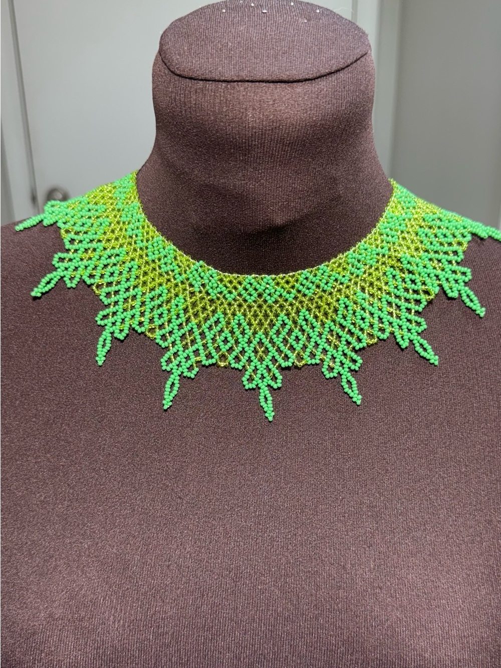 Handmade Lime Green Beaded Collar Necklace Fairycore Boho Statement Jewelry